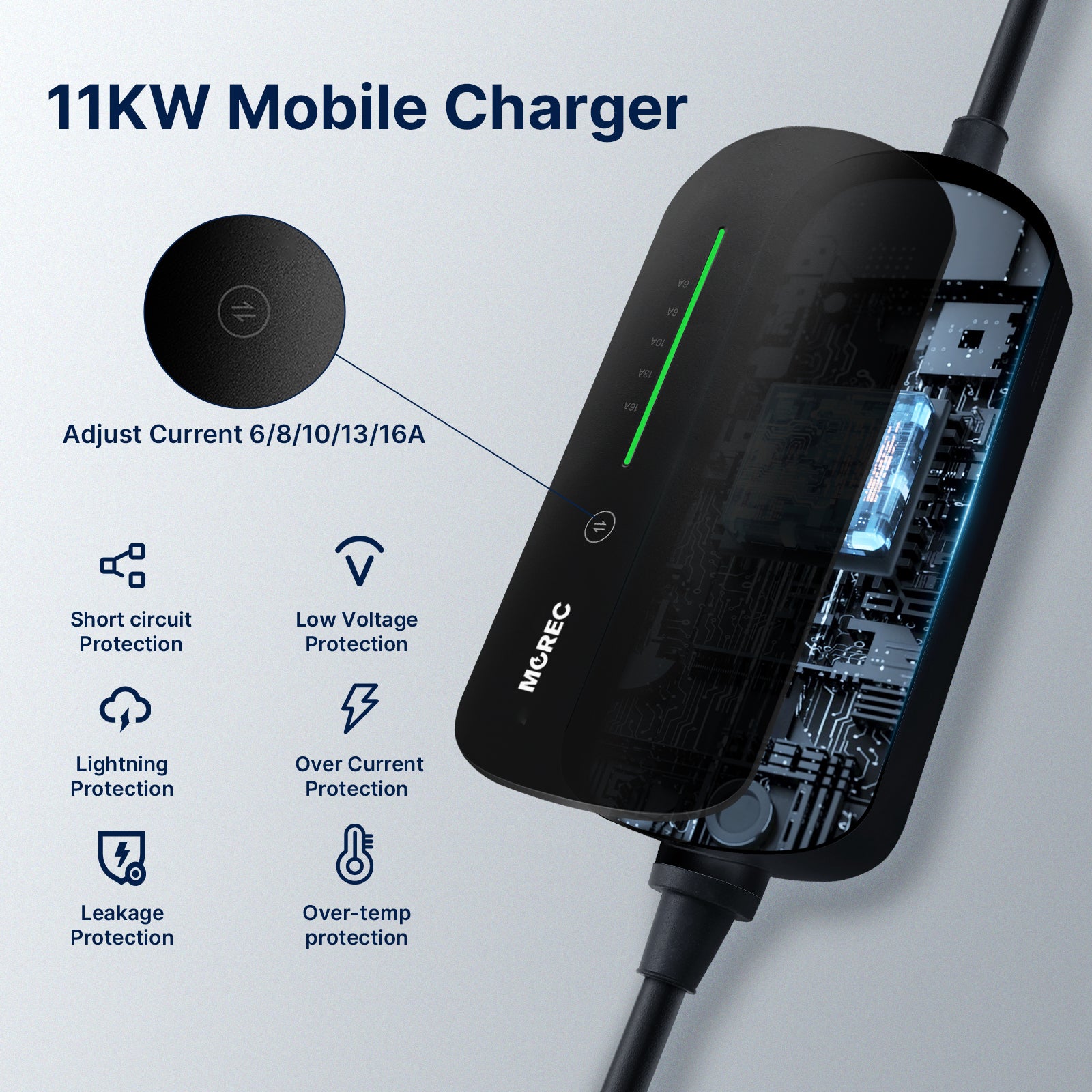 MOREC Type 2 Max 11KW 16A 3-Phases Portable EV Charger with Adjustable Current with CEE Plug + Bracket F02