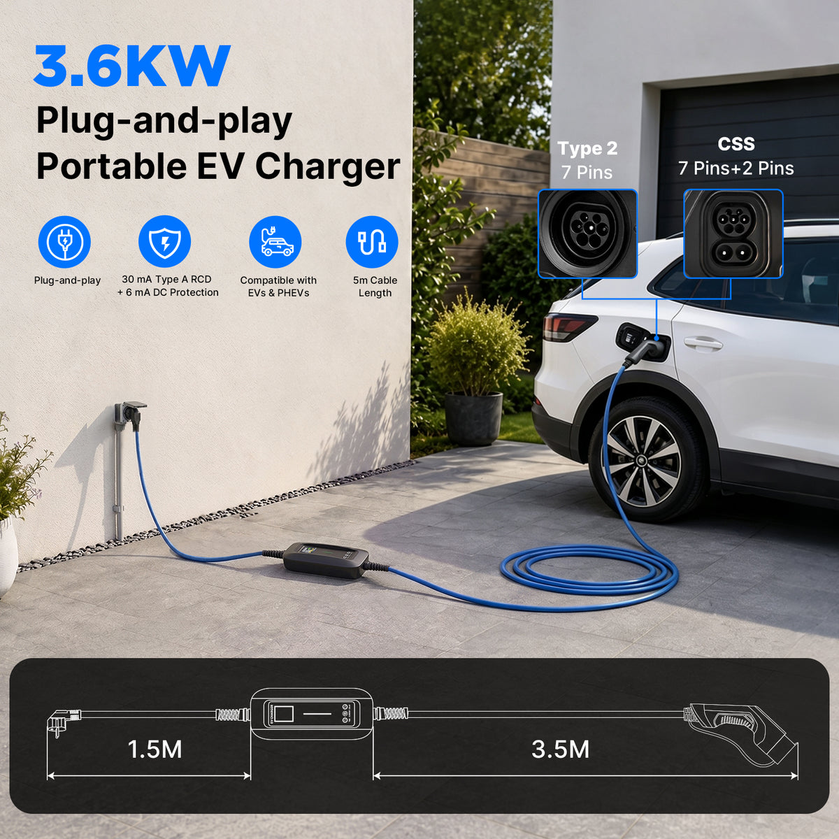 MOREC Type 2 Portable EV Charger with Schuko Plug Delay & Timer Function Available - PCD032
