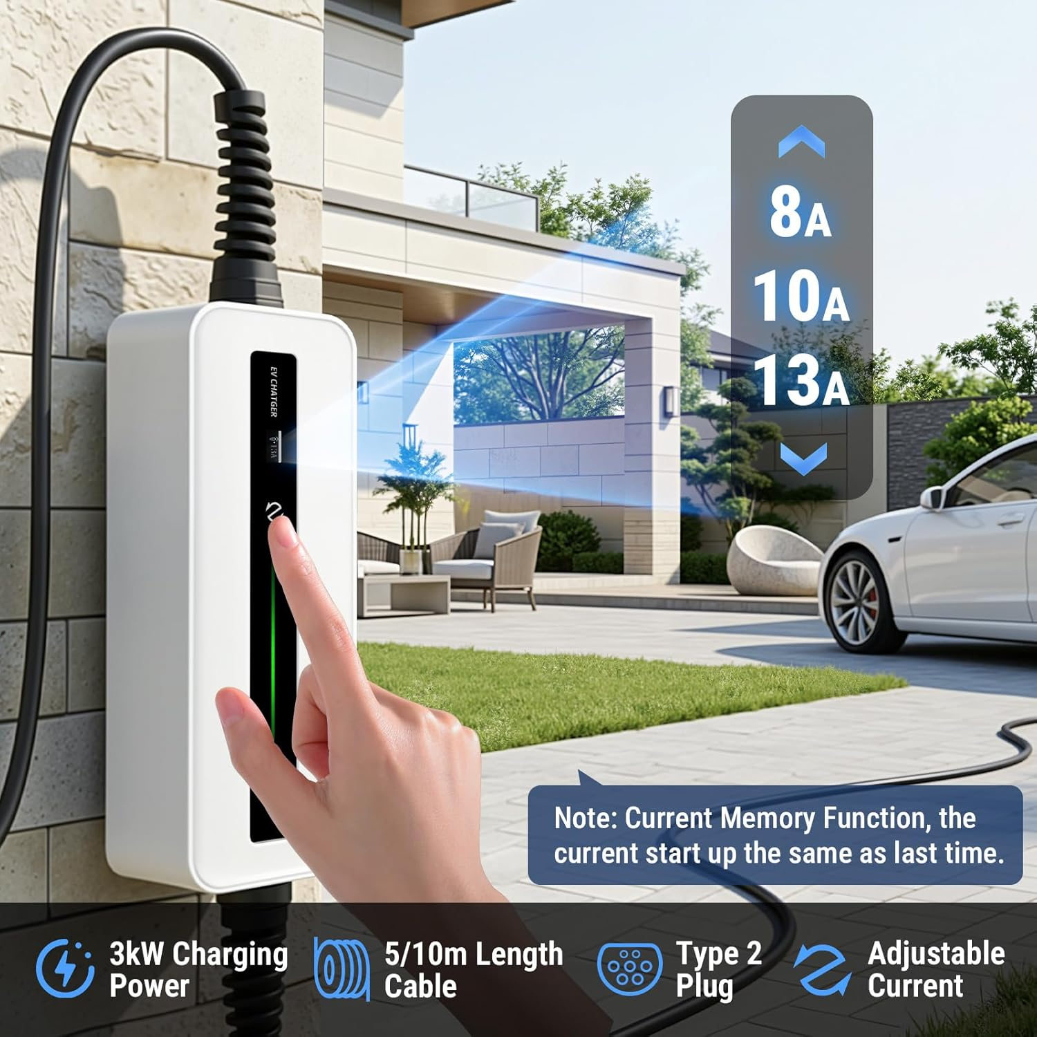 Morec 3kW EV Charger Type 2 to 3 Pin Plug 5/10M Home Charger Cable for EV&PHEV - UK