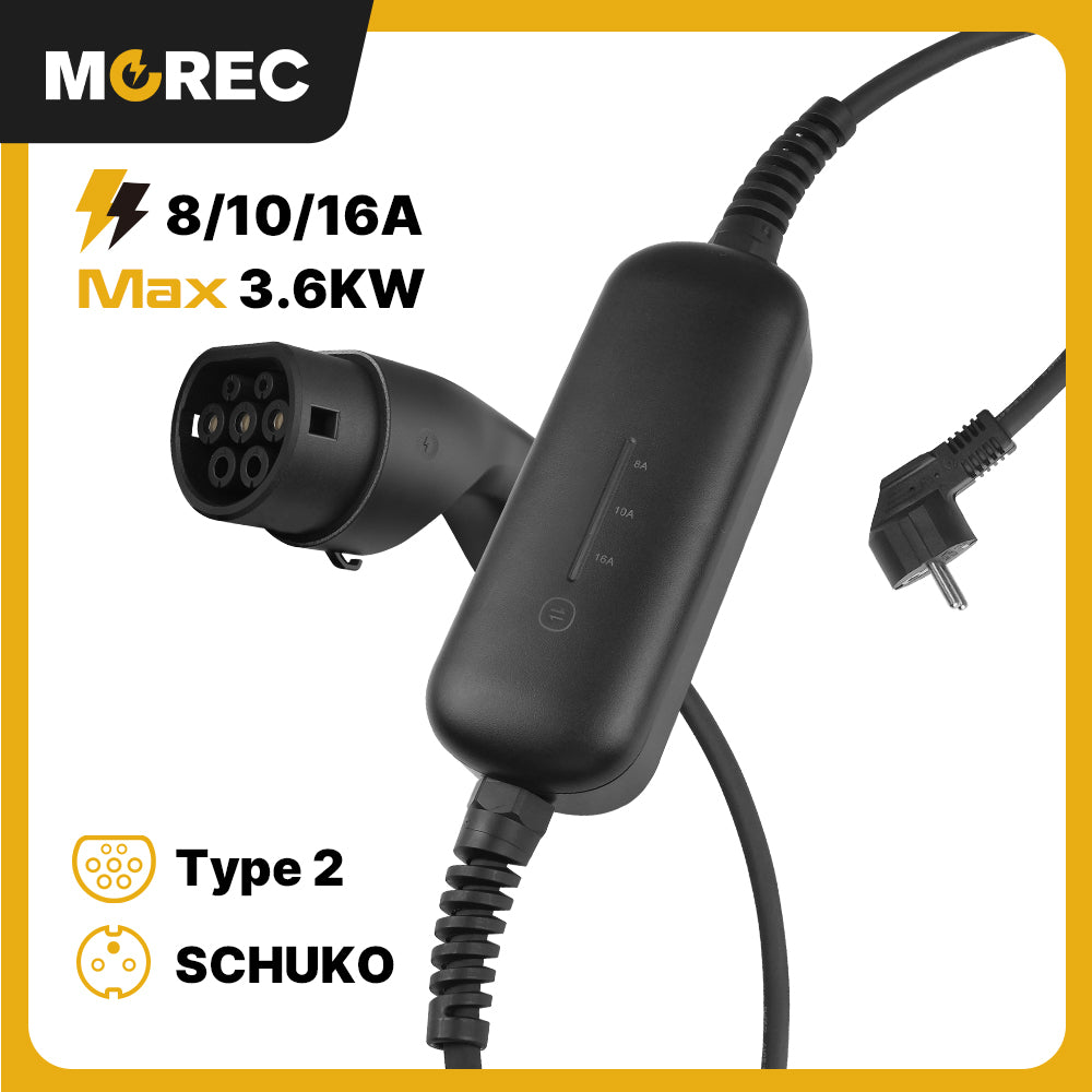 Chargeur EV portable intelligent MOREC Type 2 Max 3,6 kW avec prise Schuko - PCD018T2