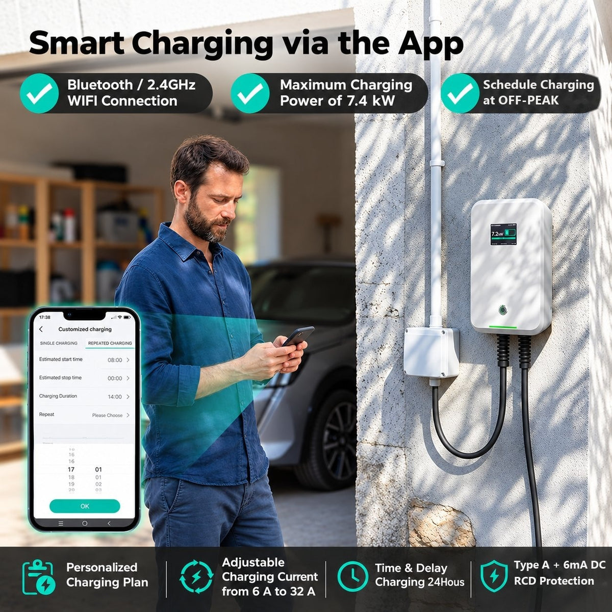 MOREC EV Wallbox Charger with Type 2 Plug APP Control 7/11/22KW EV Charger - MC20CAPP