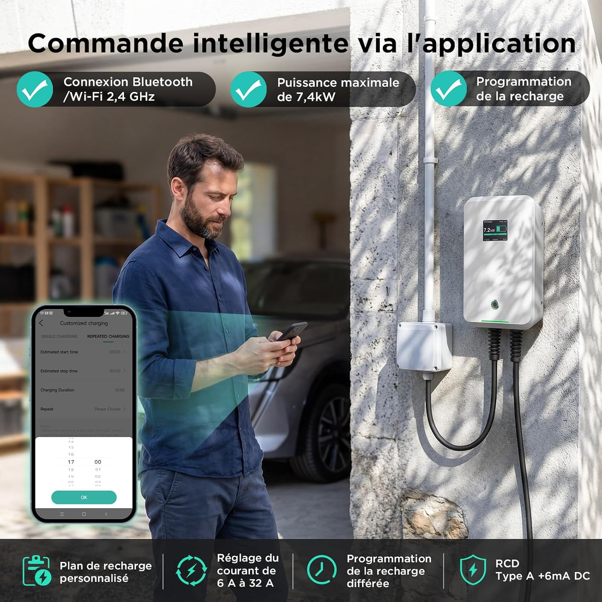 MOREC EV Wallbox Charger with Type 2 Plug APP Control 7/11/22KW EV Charger - MC20CAPP