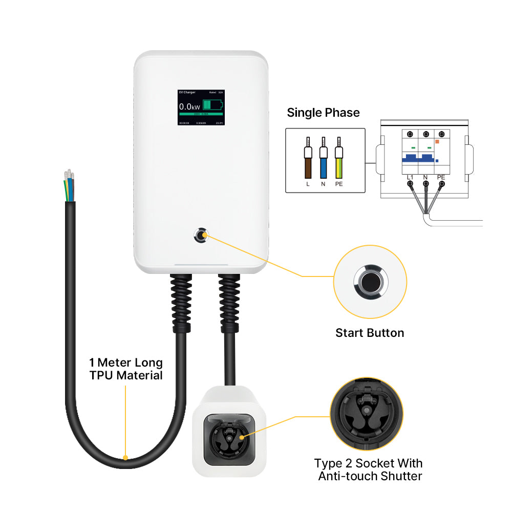 Cargador Wallbox MOREC 7KW Controlado por APP con Toma Tipo 2 Con Obturador ANTITOQUE - MC20AAPP