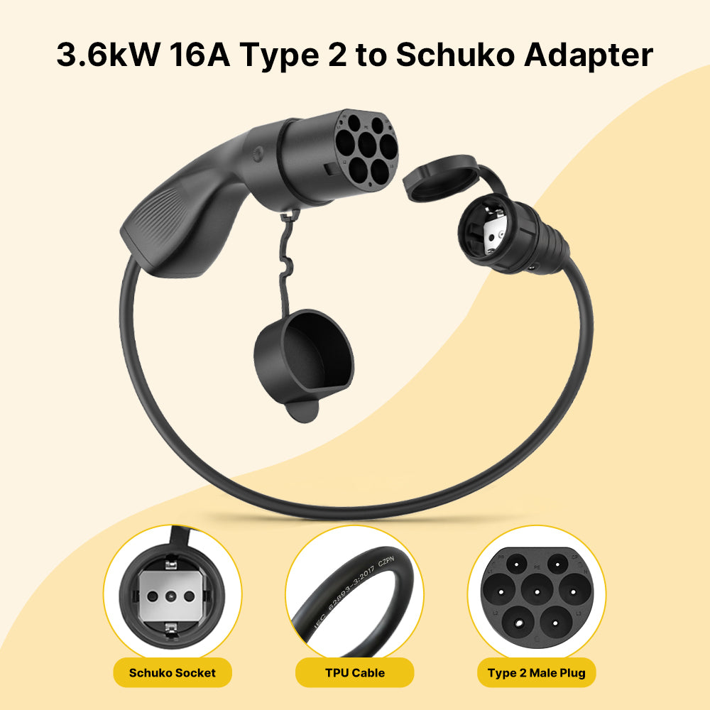 Morec Type 2 to Schuko Adapter 16A 0.6M for Electric Bikes, Scooters, Motorcycles - T2MS