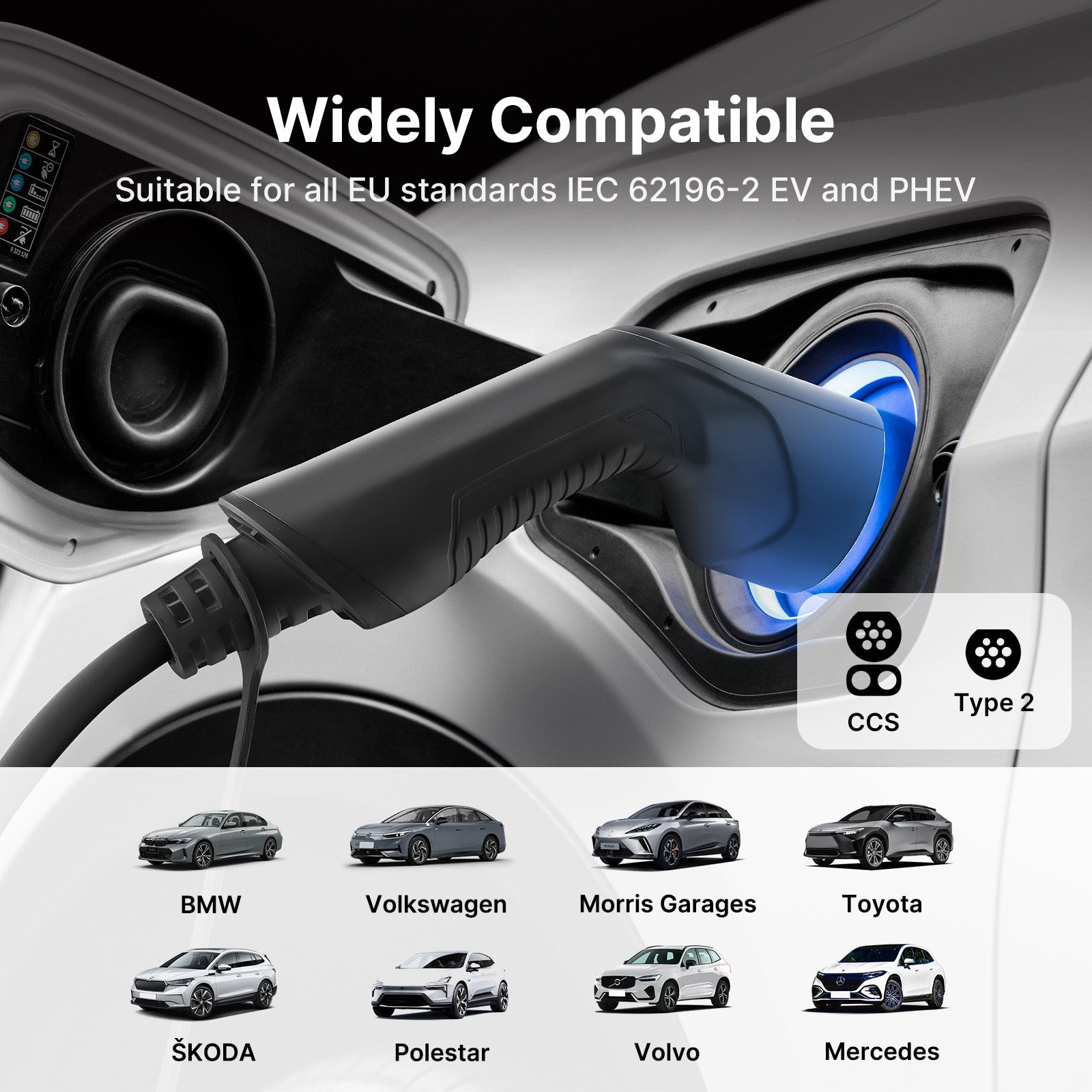 Morec 7.4kW EV Charger 16/24/32A Type 2 Cable to CEE Plug with Storage Bag + Bracket for EV & PHEV - UK