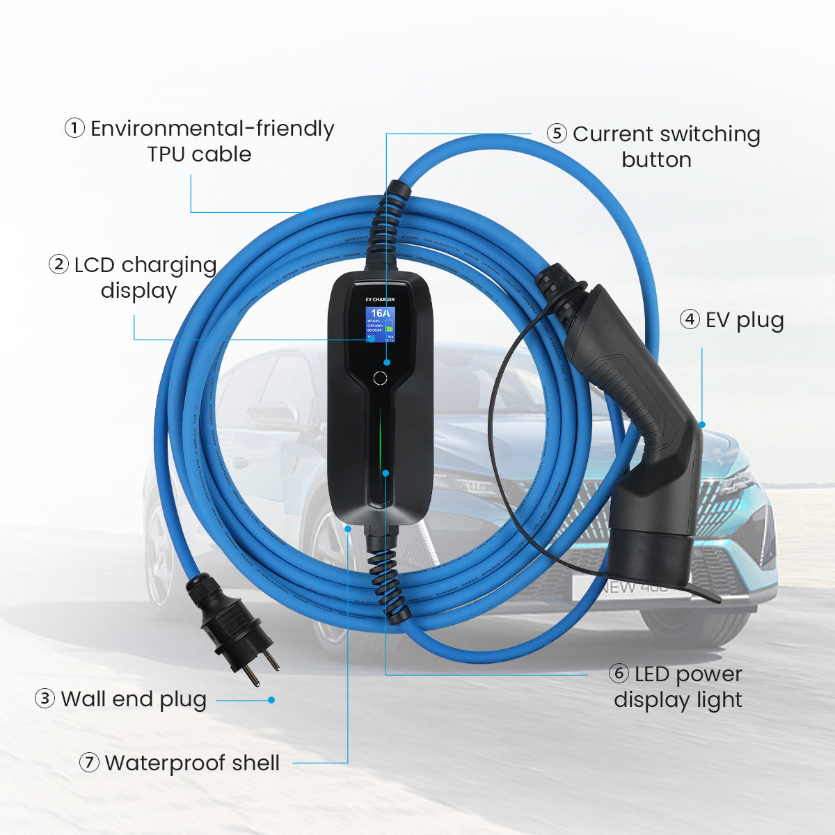 Venta de liquidación - Cargador EV portátil MOREC Type 2 Max 3.6KW MOREC 6/10/16A con enchufe Schuko - PCD031