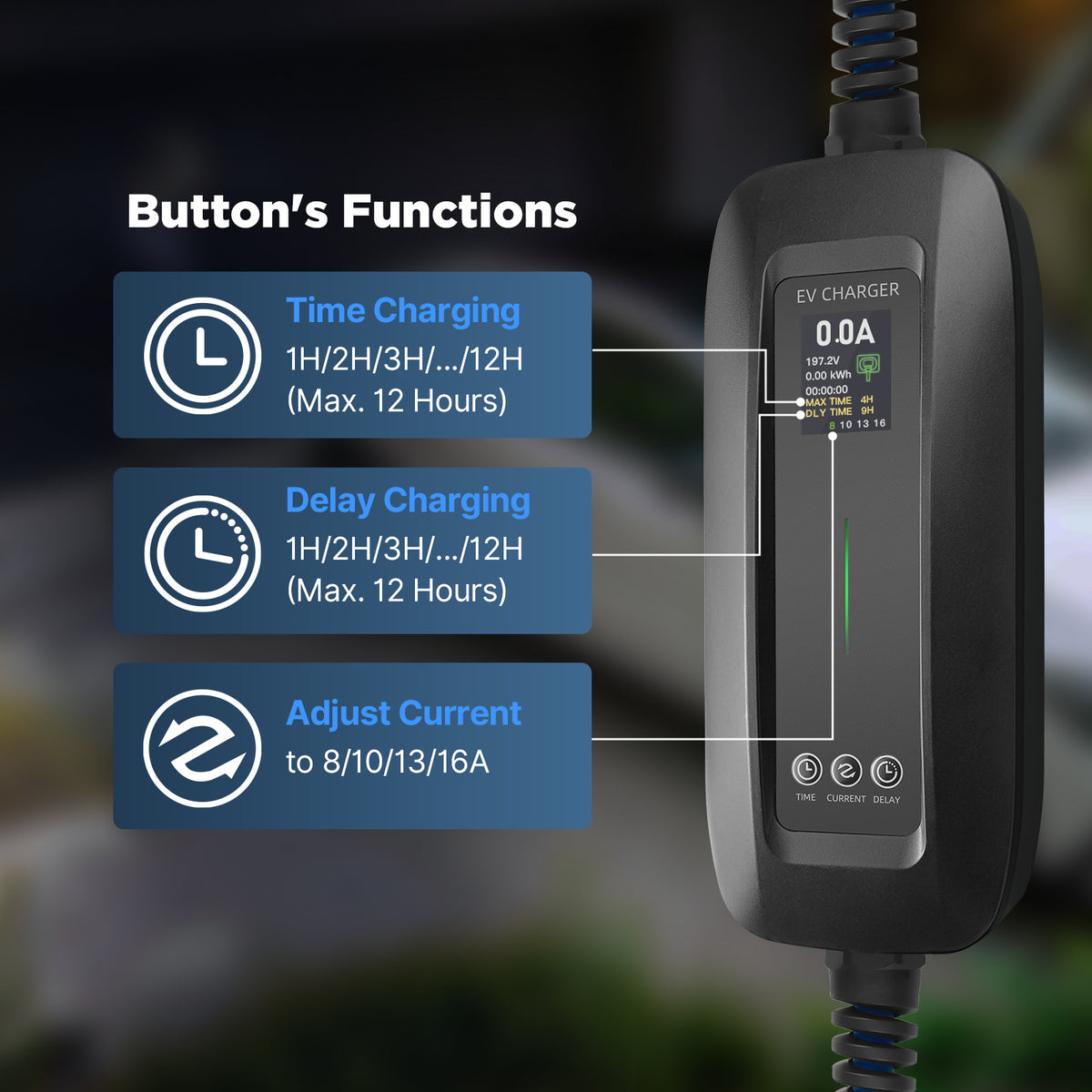 Clearance Sale - 3.6KW 8/10/13/16A Adjustable Portable EV Charger With Delay & Time Function PCD032