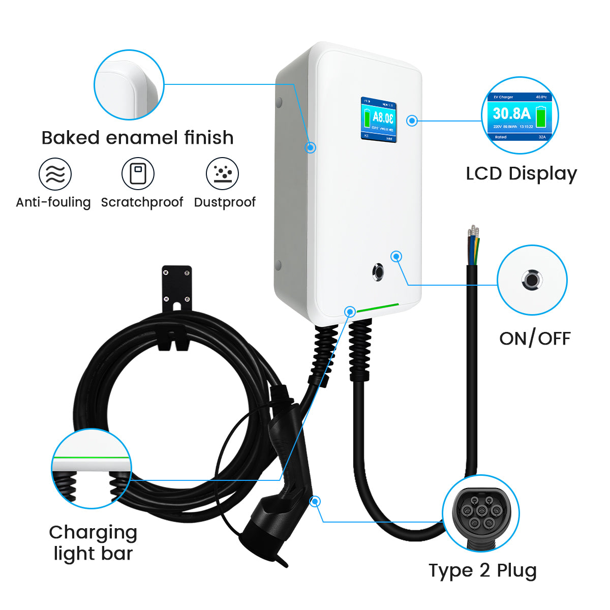 MOREC AC Wallbox 16/32A – EV-Ladestation mit Typ-2-Stecker – MC20C