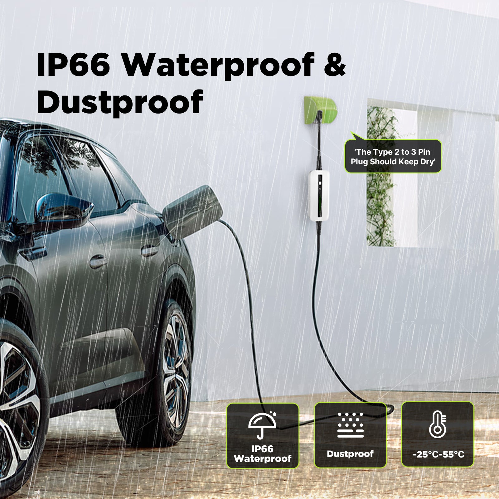 Morec 3kW EV Charger Type 2 to 3 Pin Plug 5/10M Home Charger Cable for EV&PHEV - UK