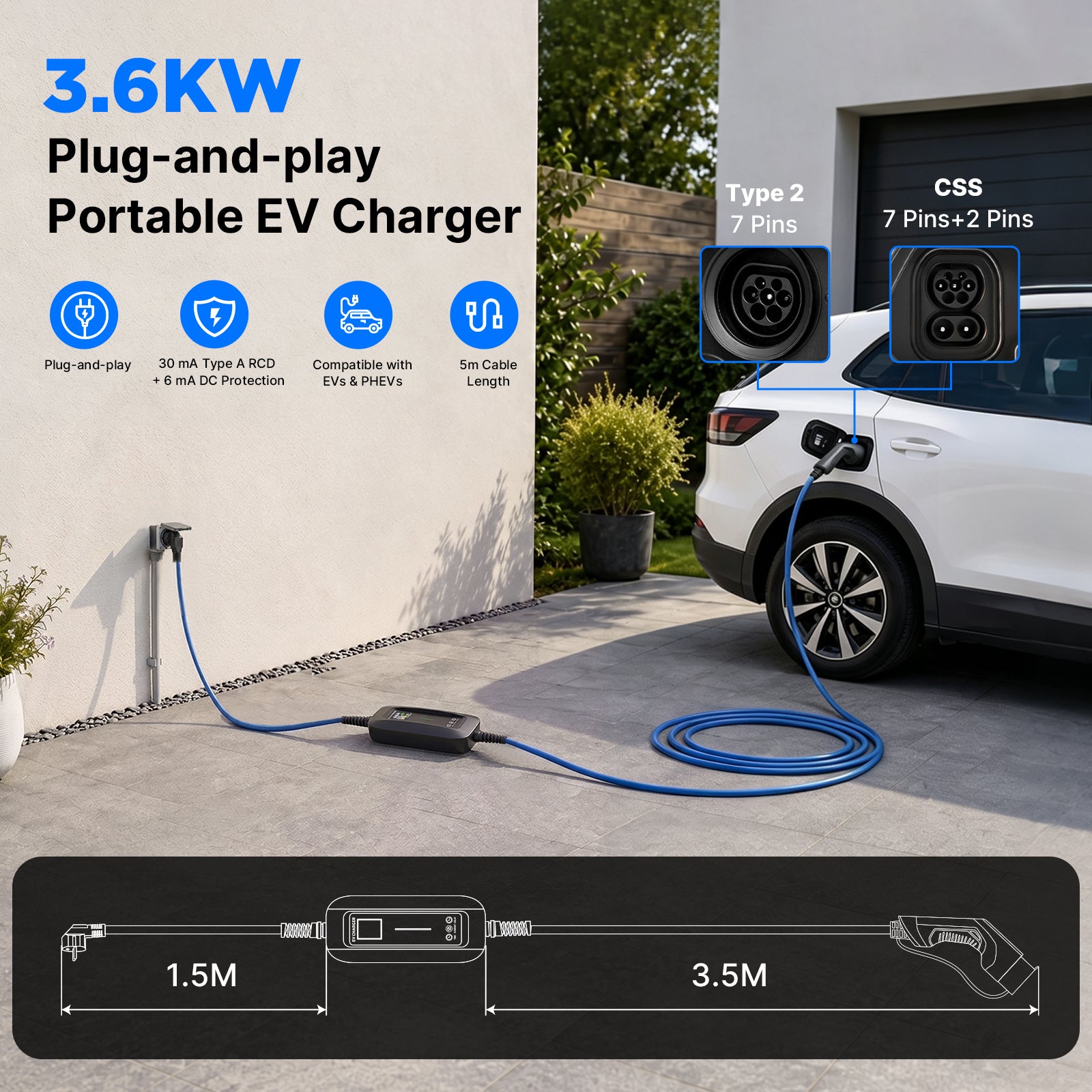 MOREC Type 2 Portable EV Charger with Schuko Plug Delay & Timer Function Available - PCD032