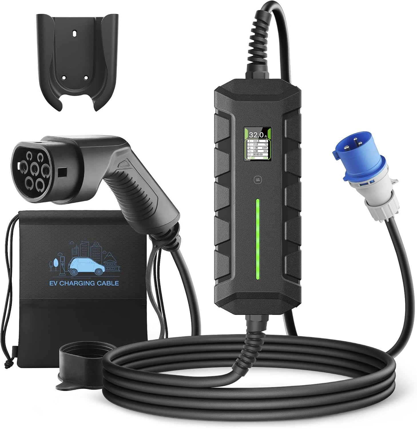 Morec 7.4kW EV Charger 16/24/32A Type 2 Cable to CEE Plug with Storage Bag + Bracket for EV & PHEV - UK