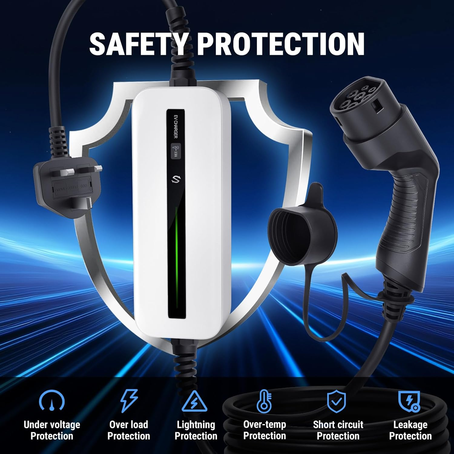 Morec 3kW EV Charger Type 2 to 3 Pin Plug 5/10M Home Charger Cable for EV&PHEV - UK