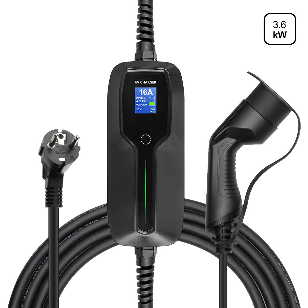 Larger LCD MOREC Type 2 Max 3.6KW Portable EV Charger with Schuko Plug - PCD031