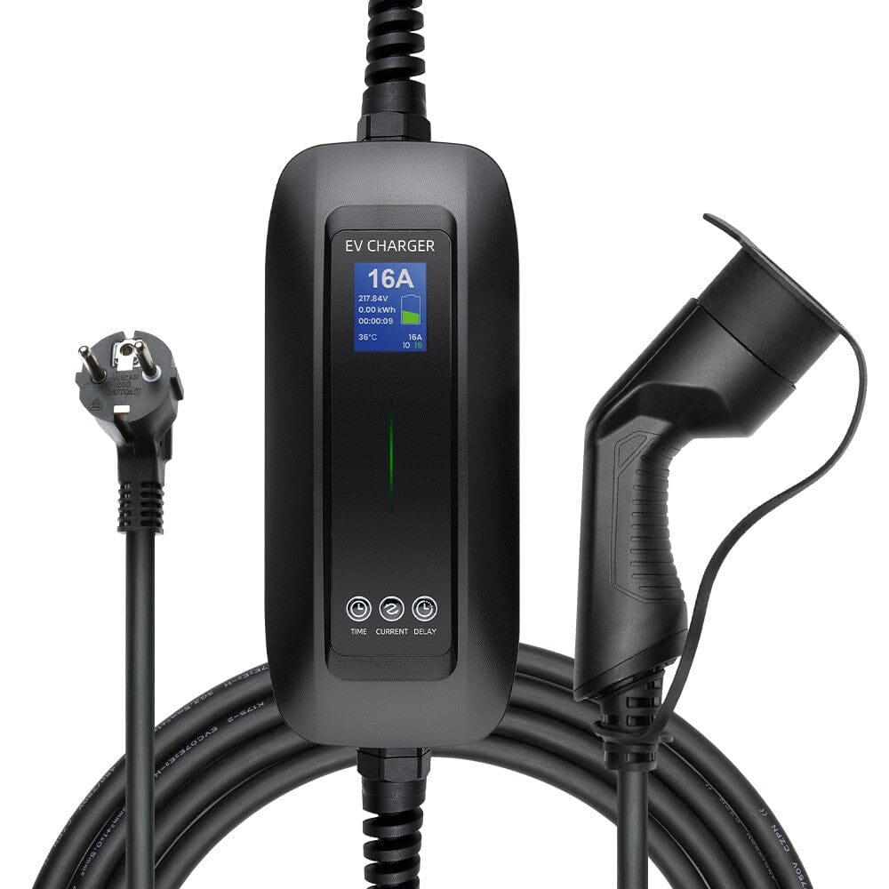 Gebrauchtes tragbares MOREC Typ 2 auf SCHUKO-Stecker EV-Ladegerät IEC 62196-2 Ladebox mit Ladezeitverzögerungsfunktion 8/10/13/16 A, 6 m