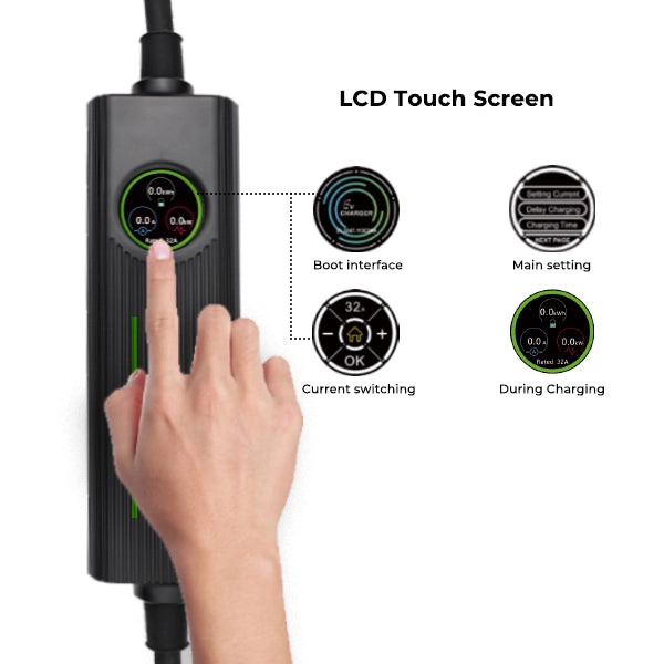 Touch-LCD-Display MOREC Typ 2 Max 16,5 kW tragbares EV-Ladegerät mit CEE-Stecker und Adapter – PCD050