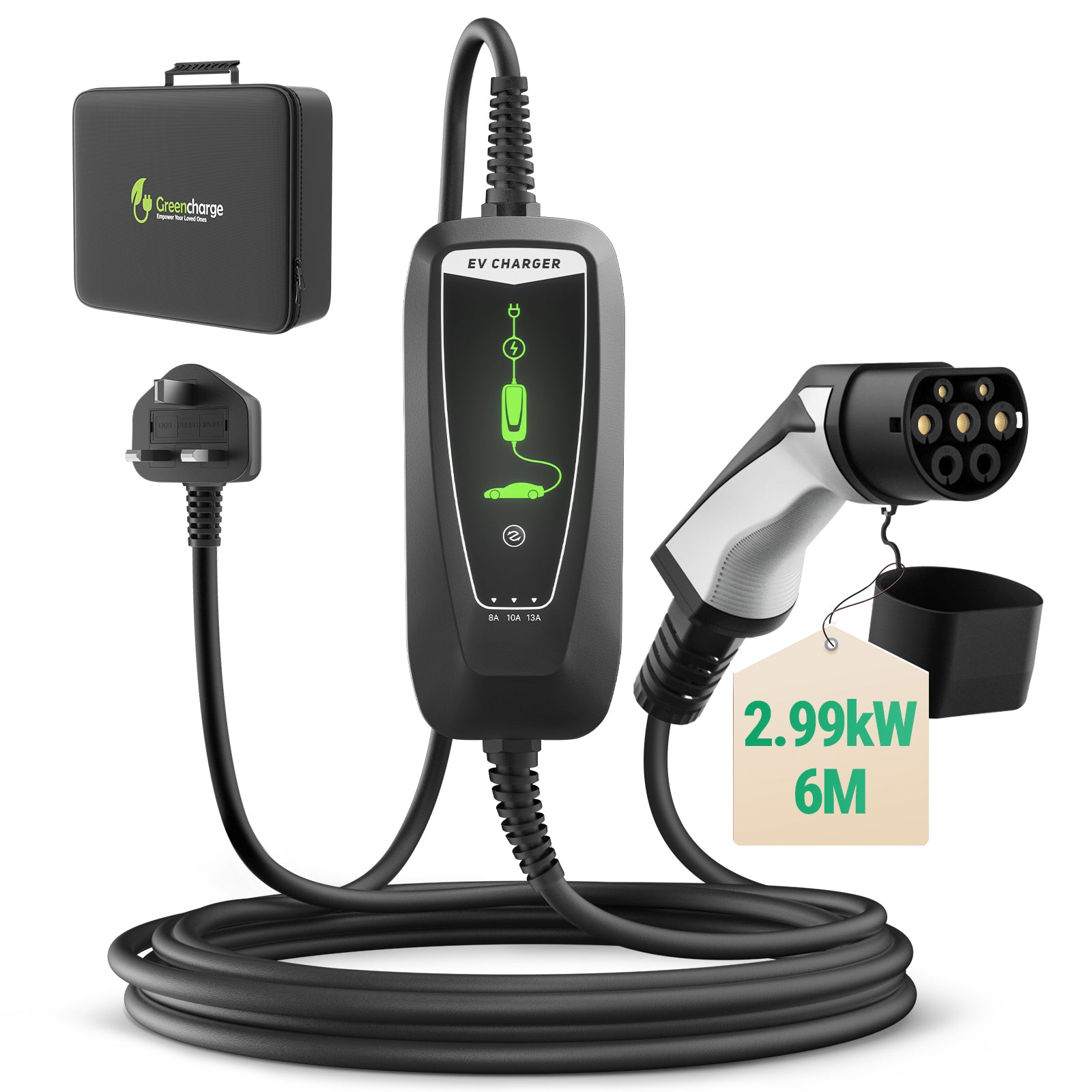 Morec 3kW Portable EV Charger Type 2 to 3 Pin Plug 6/10M Home Charger Cable for EV&PHEV - UK