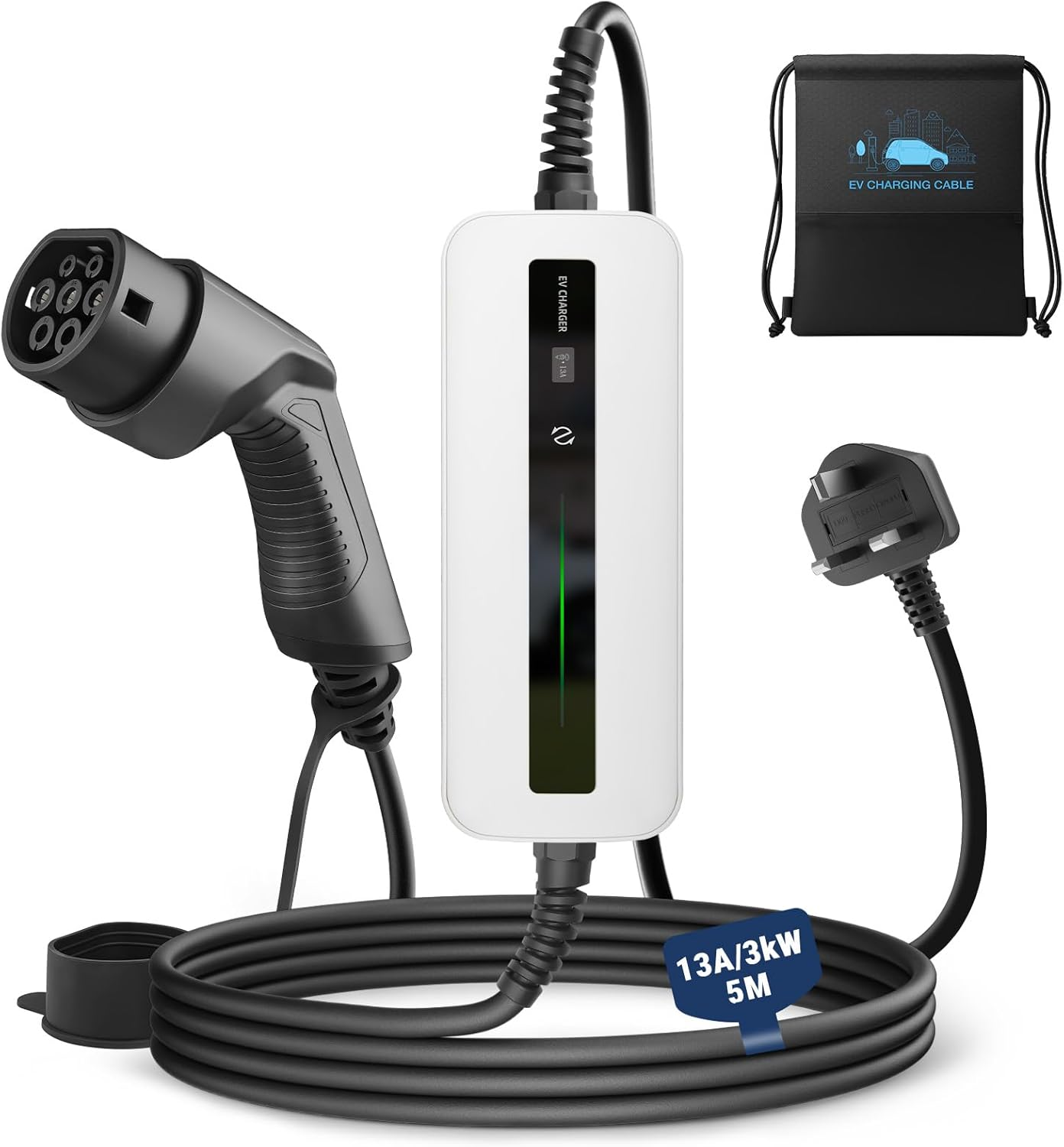 Morec 3kW EV Charger Type 2 to 3 Pin Plug 5/10M Home Charger Cable for EV&PHEV - UK