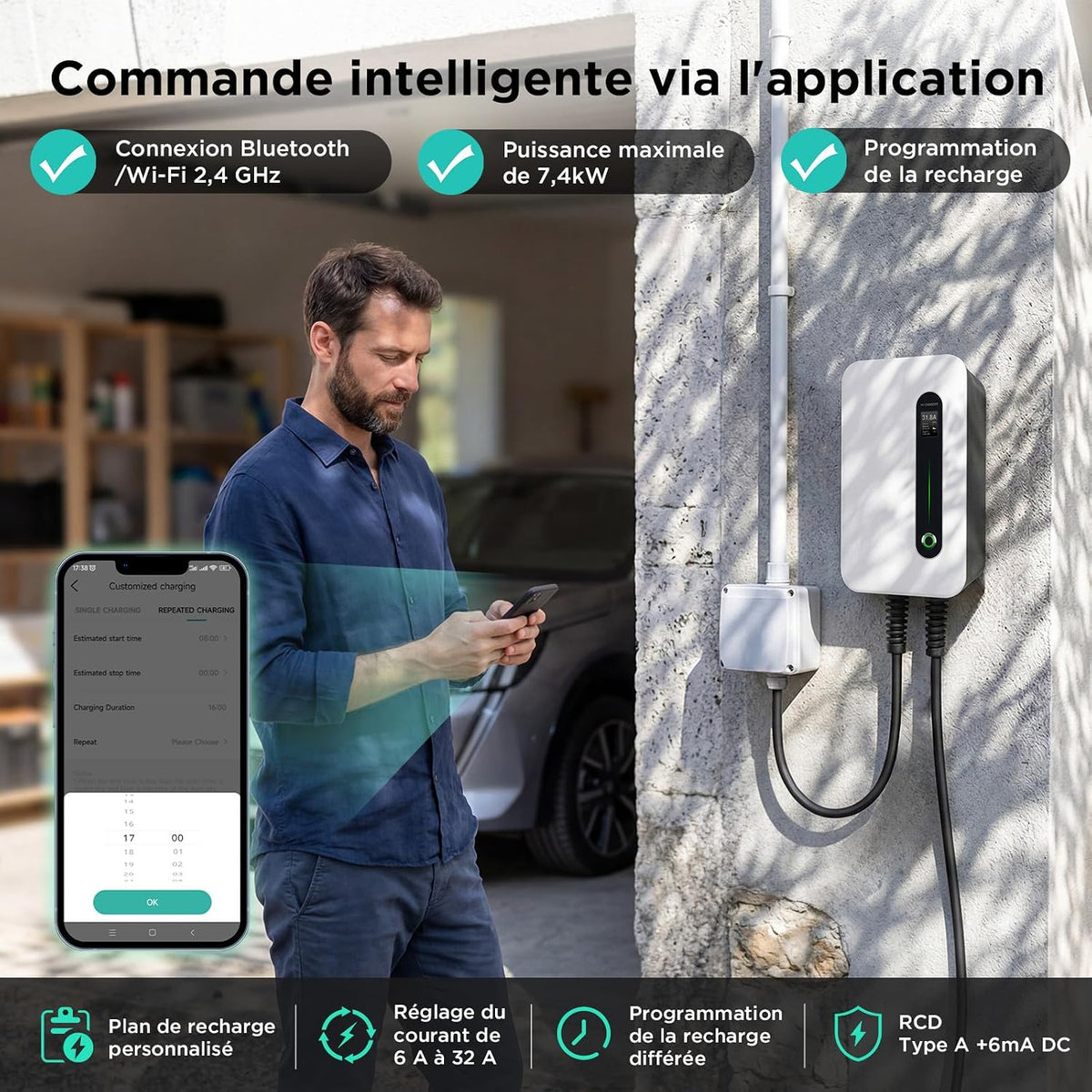 Cargador MOREC EV Wallbox con enchufe tipo 2 Estación de carga EV con control de aplicación de 7KW - F30APP
